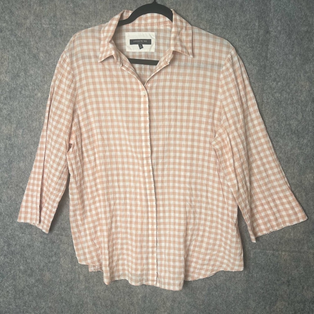 Lafayette 148 Woman Size Large plaid button down shirt 3/4 sleeves